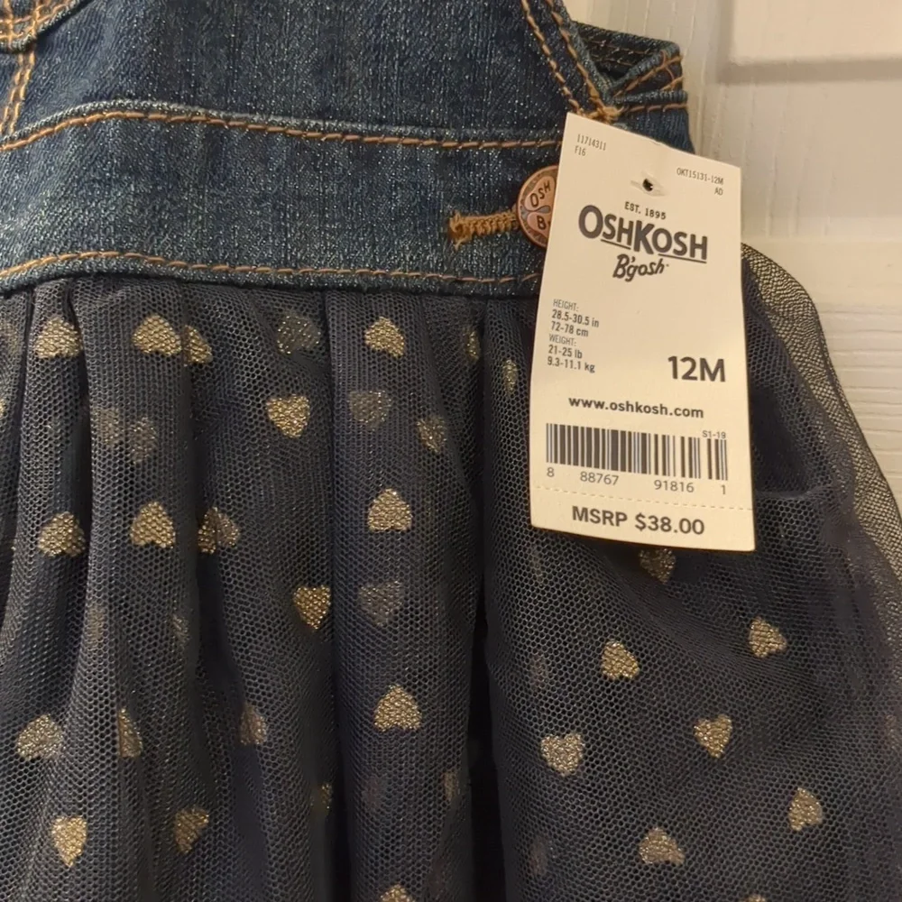 OshKosh B'gosh NWT girls overalls skirt gold sparkle hearts blue tulle 12 Months